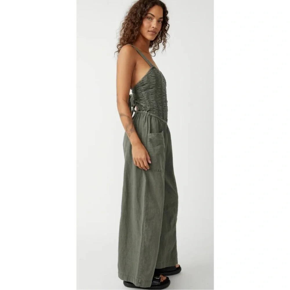 Free People Olive Green Wide-Leg Back-Tie Jumpsuit